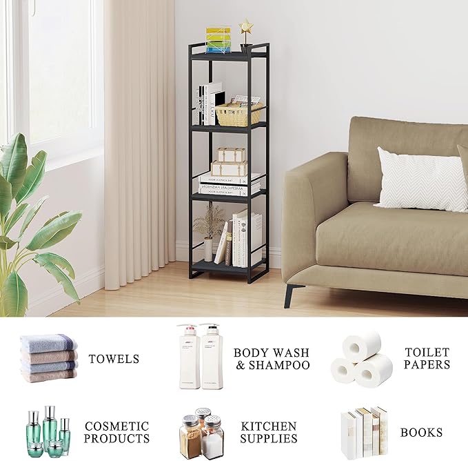 BYFU 4 Tier Bathroom Storage Open Shelf, Freestanding Metal Corner Storage Rack Shelving Unit for Bathroom Kitchen Living Room Hallway, Black