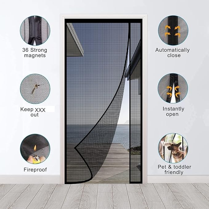 Reversible Left or Right Side Opening Magnetic Screen Door, Narrow Durable Fiberglass Mesh Curtain Hands Free for Patio, Bedroom, Fits Door Size 36" x 82", Black