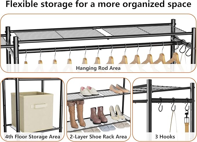 Wardrobe Closet,Portable Clothes Rack with 4 Tiers Shelves,Freestanding Closet Organizers and Storage System with Hanging Rods,Steel Clothing Rack Suitable for Cloakrooms,Bedrooms,Entrances,etc.Black