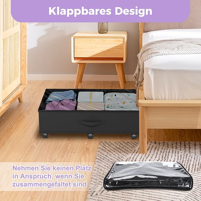Babenest 2-Pack Under Bed Storage Organizer with Clear Zippered Lid, Foldable Rolling Underbed Drawers on 6 Wheels, Space Saving Clothes, Shoes, Toy Storage for Bedroom, Dorm, Closet