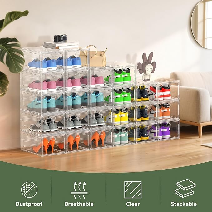 ALCCB Thicken Hard Clear Shoe Storage Organizer for Closet, 12 Pack Modular Plastic Stackable Shoe Storage Box Organizer, Shoe Sneaker Rack Display Case Containers Bins with Lids, White