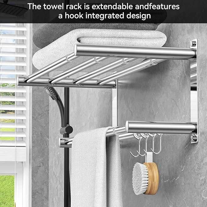 CAXIMSY Adjustable Towel Bar for Bathroom Wall Mount17-30.7inch Adhesive Shower Towel Rack Stainless Steel Bath Towel Holders for Toilet Kitchen Double Towel Hanger (Mobile Hook Towel Rack)