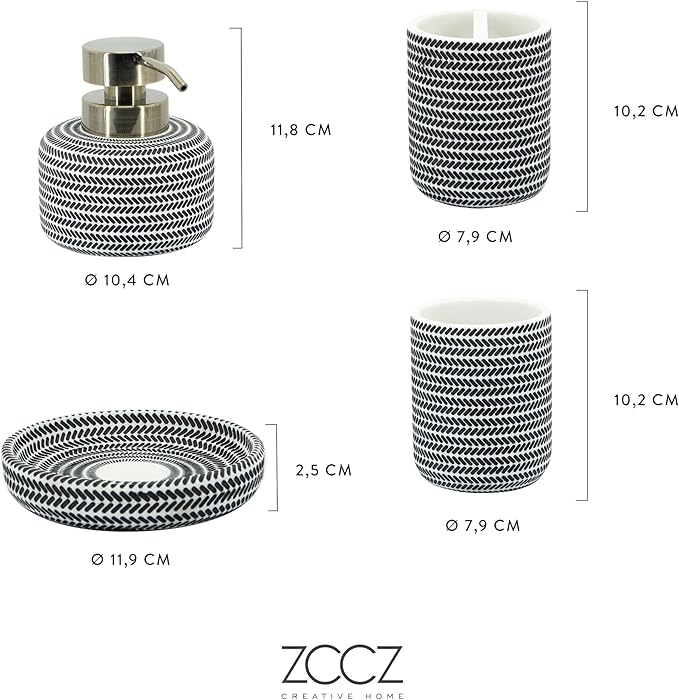 ZCCZ Black and White Bathroom Accessories Set, 4 Pieces - Toothbrush Holder, Soap Dispenser, Vanity Tray, Tumbler - Countertop Organizer for Bathroom Decor - Modern Accessory Set for Home and Office