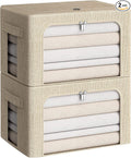 CYhom Clothes Storage Bins Box - Linen Fabric Foldable Stackable Container Organizer Set with Clear Window & Carry Handles & Metal Frame for Bedding, Blankets, Books (Beige, Medium-36L)