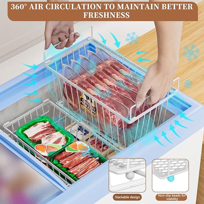 Enhanced Leak-Proof Bottom - Freezer Organizer Bins ，8 Pack Stackable Deep Freezer Organizer Bins for 7 Cu.FT Small Chest Freezer，organization and storage，pantry organizers（white）