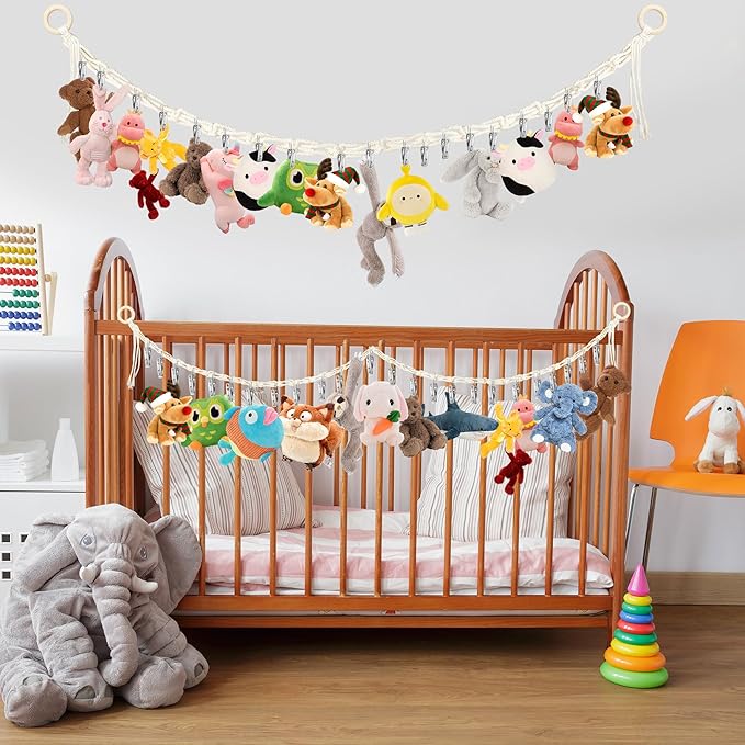 2pcs Stuffed Animal Storage Chain - Boho Stuffed Animal Hammock with 40pcs Metal Clips, Stuff Animal Organizer Hanging Storage for Bedroom Wall Door Display