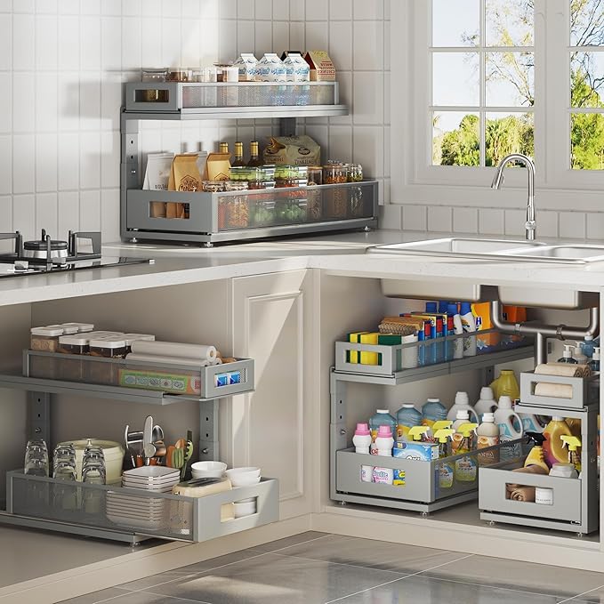 Corbyles 2 Pack 21.3IN-Depth Under Sink Organizer with Next-Gen Ball-Bearing Slides,2-Tier Pull Out Cabinet Storage,Height Adjustable Drawer Shelf for Bathroom,Kitchen,Laundry,Cabinet,Pantry-Gun Gray