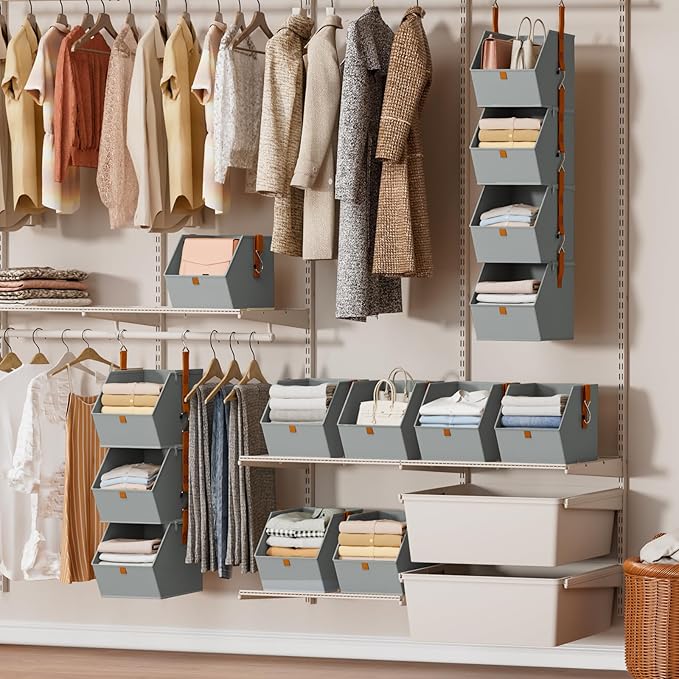 Hanging Closet Organizer 4 Tier - Clothes Hanging Shelves, Space-Saving Closet System, Fabric Storage Bins Bedroom Organization, Collapsible Baskets for Home, Dorm, Rv, Grey, 8 Pack