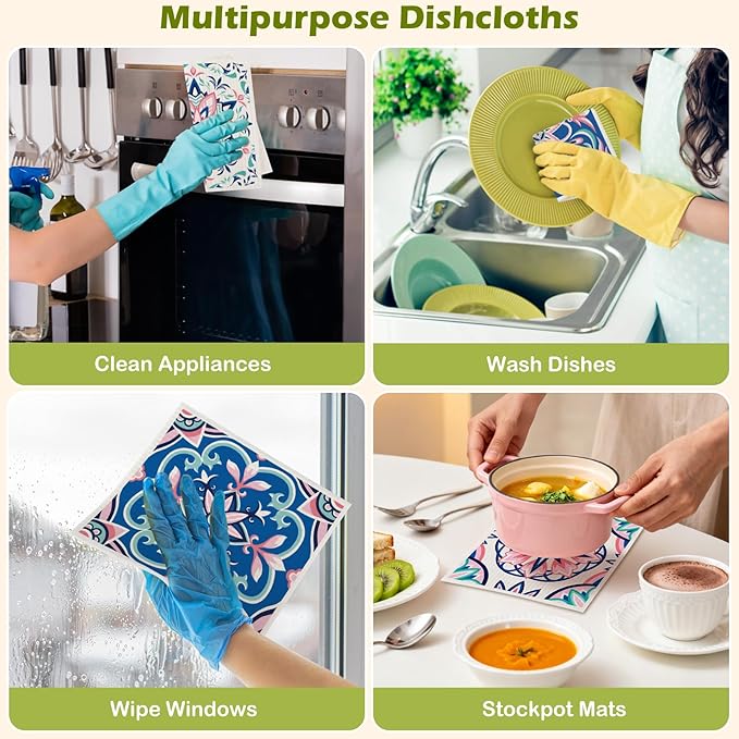 6 Packs Swedish Paper Cloths for Kitchen, Reusable Paper Towels Washable Dish Rags, Highly Absorbent Kitchen Towels Quick Drying Swedish Sponge Cleaning Dish Cloths(Pink Six-Petal Floral)