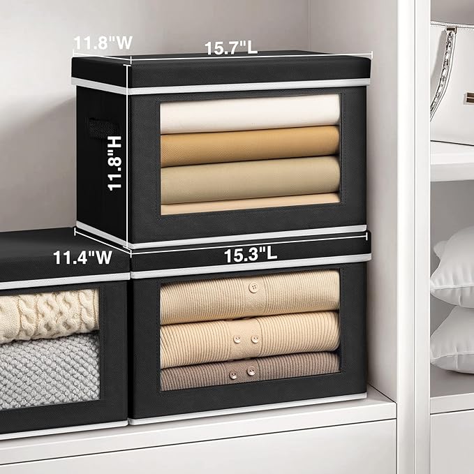 Large Storage Bins with Lids - Fabric Storage Cubes with Window, Collapsible Bins for Clothes, 15.7 Inch Large Baskets for Bedroom, Dorm, Office, Black, 6 Pack