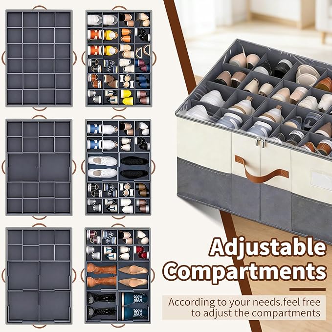 1 Pack Shoe Organizer for Closet Fit 12-24 Pairs with Adjustable Dividers, Large Foldable Shoe Storage Containers Box Bin w with Clear Lid and 4 Handles,with 2 mesh pockets,with Category Lable