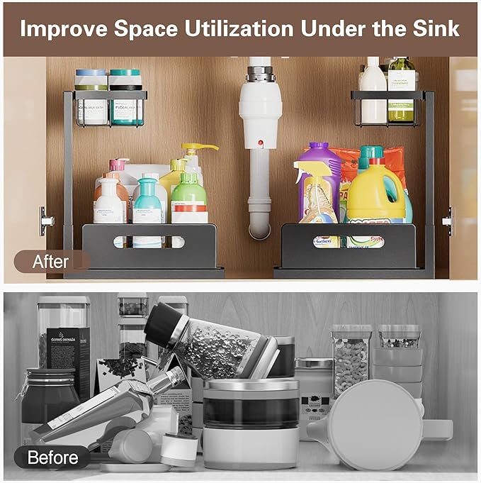 VUSIGN Under the Sink Organizer, 2-Tier Pull Out Cabinet Organizer, Metal Slide Out Storage for Bathroom Kitchen, 1 Pack, Black