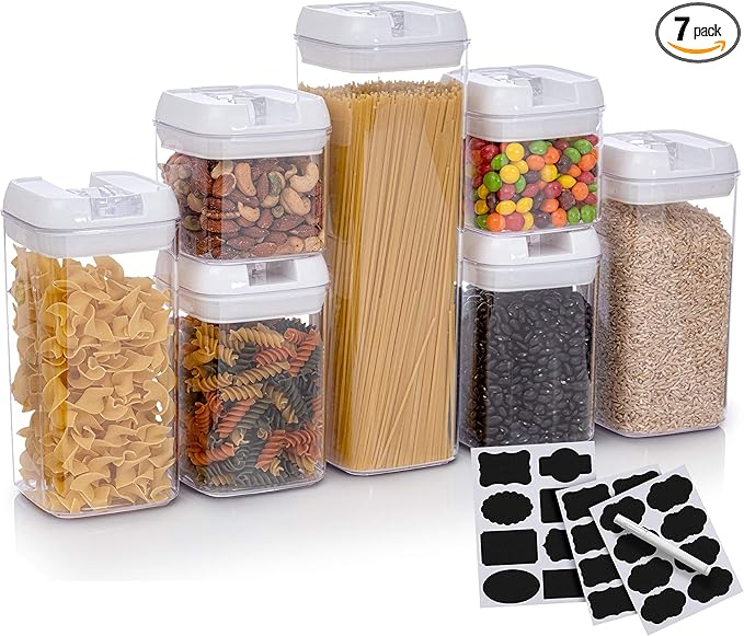 Set of 7 Airtight Food Storage Containers - Pantry Organizer Bins, BPA Free Plastic Containers plus Dry Erase Marker and Labels, White