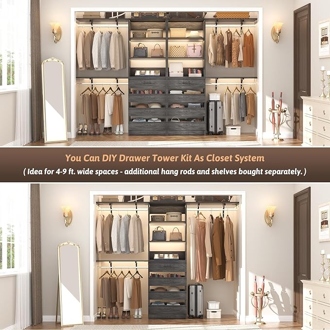 Aheaplus 21.3" Closet System with 4 Drawers, Wood Closet Organizer with Open Shelves, Modular Drawers System Tower, Walk-in Small Wardrobe Rack, Tall Storage Cabinet Unit, Black Oak