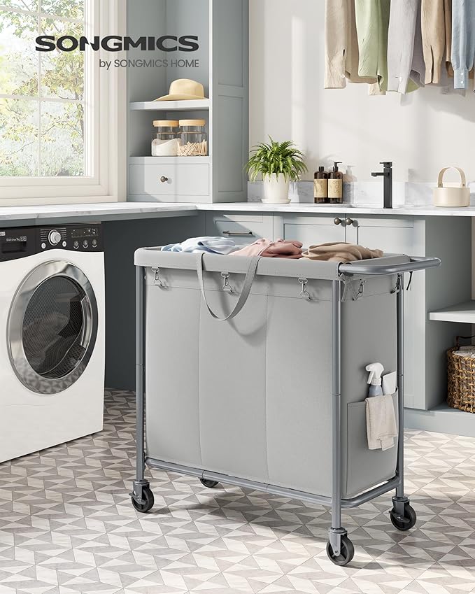 SONGMICS Laundry Basket with Wheels, 3-Section Rolling Laundry Hamper, 52.8 Gallons (200 L), Removable Liner, Steel Frame with Handle, 35.8 x 15.4 x 31.9 Inches, Dove Gray URLS005G01