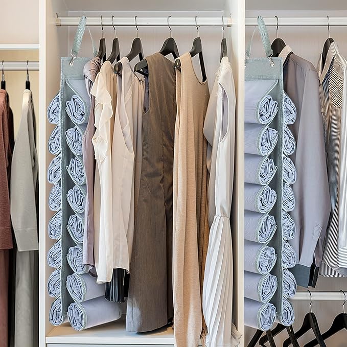 Legging Organizer Storage - 2PCS T Shirt Organizer, Hanging Closet Organizers and Storage with 16 Roll Independent Compartments for Yoga Pants, Towel, Bathing Suit (Grey)
