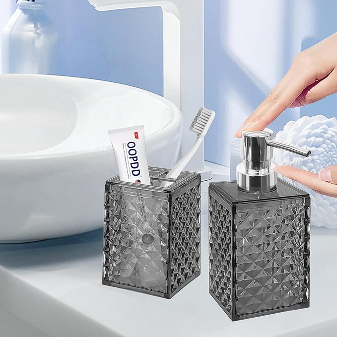 2PCS Dark Grey Bathroom Accessories. Contain Soap Dispenser and Toothbrush Holder Set. Boho Bathroom Set for Blue Bathroom Décor