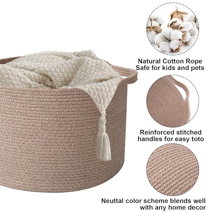 65L Large Blanket Basket,19.7" L x 19.7" W x 13" H Rope Woven Baskets with Handles, Toys Storage Bins,Laundry Basket Perfect for Living Room, Nursery,Bedroom,Home Organization,Brown
