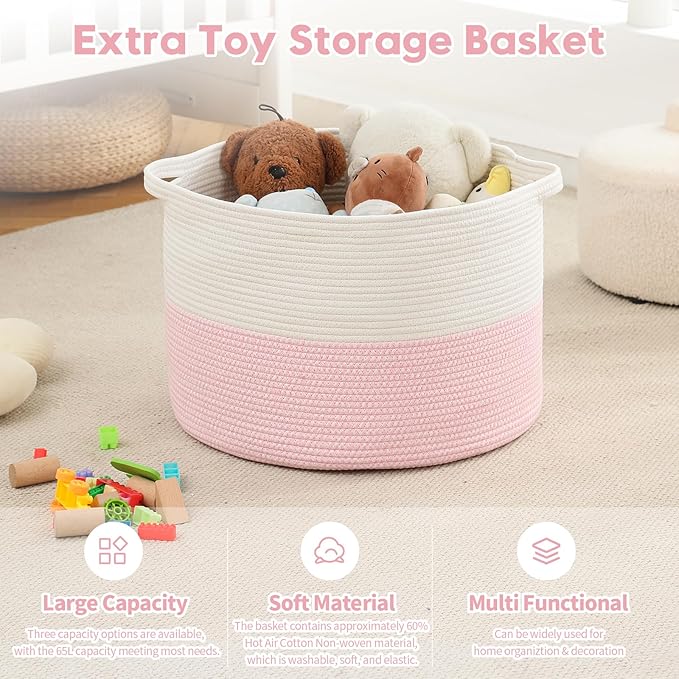 Foldable Laundry Hamper Basket with Collapsible Handle Cotton Rope Soft Woven Fabric Storage Organizer Clothes Toys Nursery Bedroom Dorm Space Saving Bin (White & Pink, 65L(19.7"D x 12.6"H))