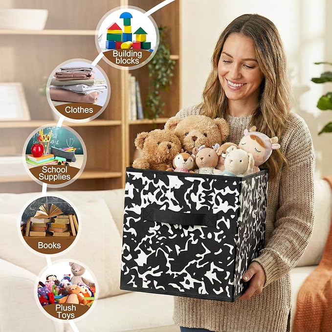 LemonRoad 6 Fabric Storage Cubes 11 Inch Foldable Marble Storage Bins for Organizing Pantry, Toy Box, Clothes Closet Collapsible Baskets for Shelves School Organizing with Handle(Black, Classic Style)