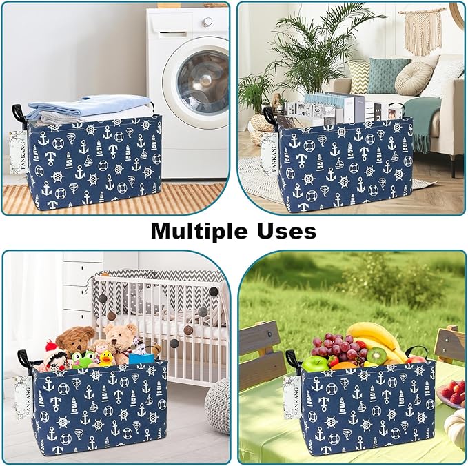 FANKANG Storage Basket,Nursery Hamper Canvas Laundry Basket Foldable with Waterproof PE Coating Storage, Office, Bedroom, Clothes,Toys (Rec-Sailboat)