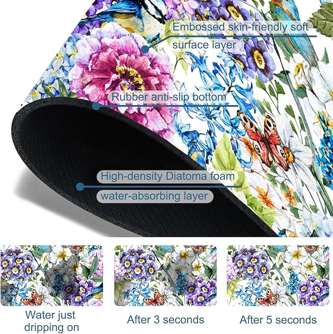 Beautiful Floral Sink Splash Guard Flower Bird Butterfly Faucet Absorbing Mat Fast Drying Mat Sink Gadgets Splash Guard Behind Faucet Drip Catcher for Kitchen Bathroom, 23.5"x5.5"