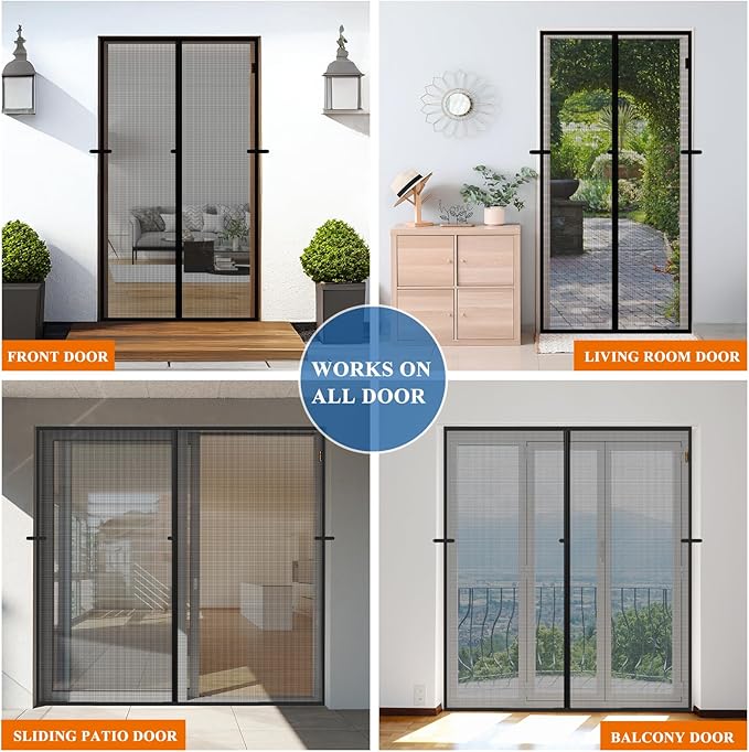 Magnetic Screen Door, Fits Door Size 60'' x 80'', Scratch-Proof Polyester, Classic Middle-Opening, Keep Annoying Creatures Out, Pet Friendly Mesh, Walk Through, Suitable for French/Double Doors, Black