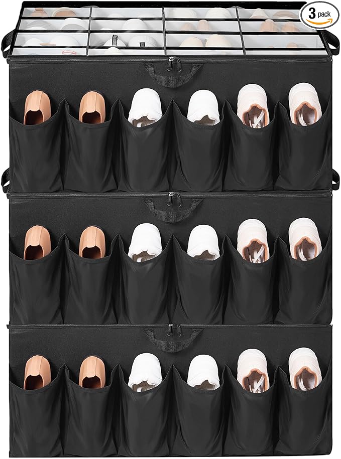 Extra Large Fabric Shoe Organizer for Closet, Fits up to 28 Pairs, Foldable Shoe Storage Bin Containers with Adjustable Dividers and Clear Cover, Black, 3 Pack