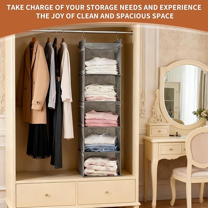 5-Shelf Hanging Closet Organizer and Storage, Closet Hanging Storage Shelves for Clothes, Towels, with Side Pockets and 2 Sturdy Hooks for Storage, Foldable (Grey)
