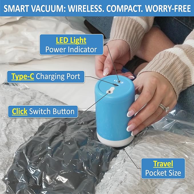 Cozy Essential 10 Pack Travel Vacuum Storage Bags with Rechargeable Wireless Electric Pump for Luggage, Suitcase, Carry-on Size Vacuum Seal Compression Space Saver Bags for Clothes and Clothing Travel