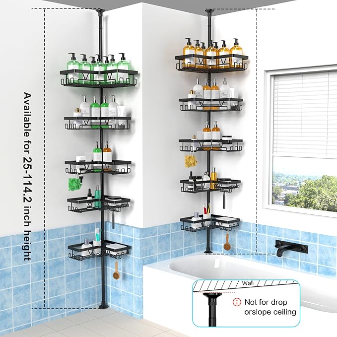 KEGII 5-Tier Corner Shower Caddy Tension Pole, Adjustable 25–114.2 Inch Rustproof Bathroom Organizer Shelves with Hooks, Soap & Razor Holder, Inverted Bottles Design, Space-Saving Storage Rack, Black