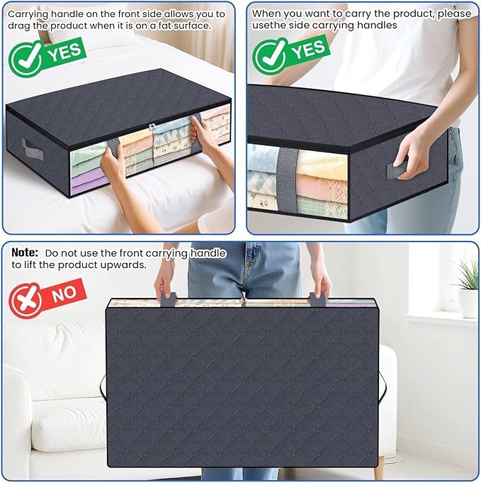 Under Bed Storage Containers, 2 Pack Blanket Storage Bags, Collapsible Storage Bags with Big Zippers, Clear Front, Shoe Storage and Organization for Clothes, Comforter, 75L, Grey