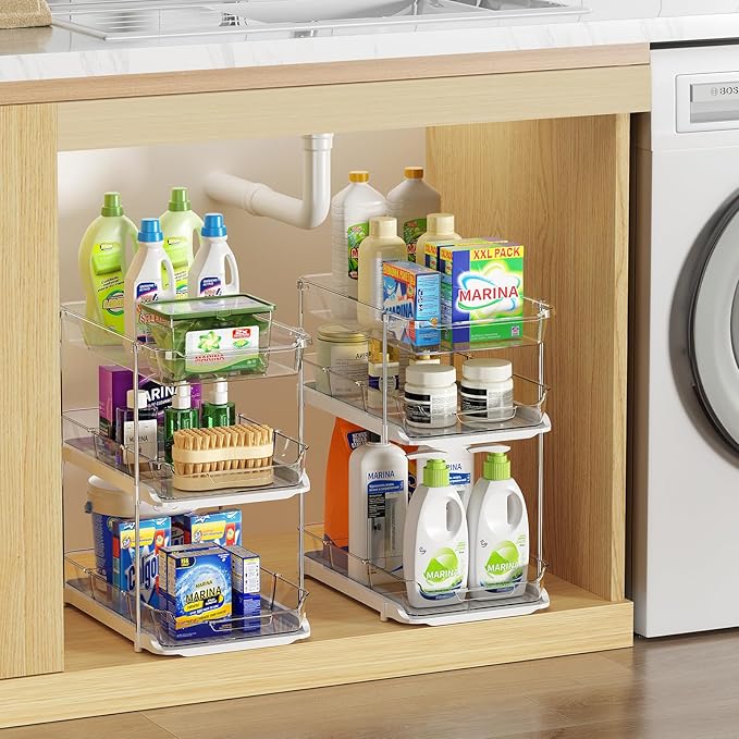 LAMU 2 Pack Bathroom Organizers and Storage, 3-Tier Stackable Under Sink Storage with Pull-Out Drawers & Dividers, Medicine Cabinet Organizer for Kitchen Pantry Organization | 2 Pack, Stackable, Pull-Out Drawers, Dividers
