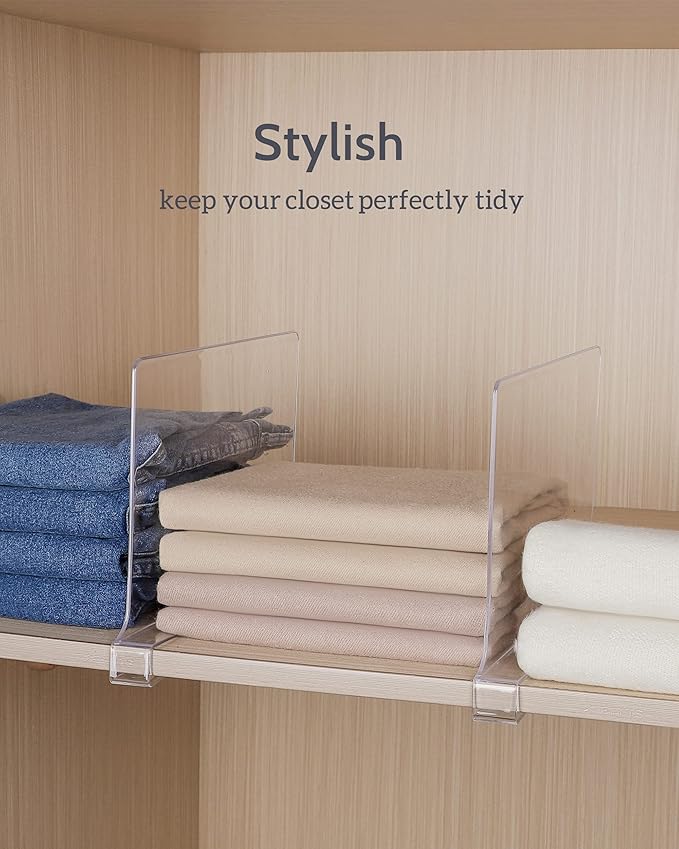 Clear Acrylic Shelf Dividers, Closet Shelf Divider and Closet Separator for Organization in Bedroom, Kitchen and Office Plastic Shelves 12 PCS