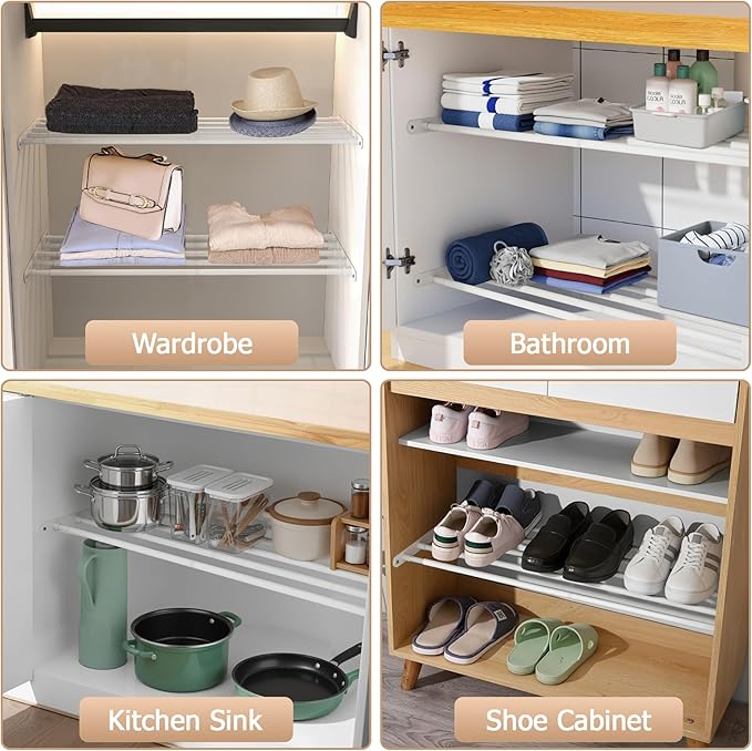 Expandable Closet Shelf Wall-Mounted Metal Storage Rack Adjustable Closet Rod DIY Divider Separator Space Saving for Cabinet Wardrobe Cupboard Kitchen Pantry Cupboard, 17.2-27.7 Inches