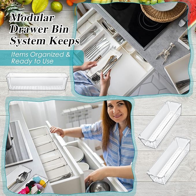 Maitys 12 Pcs Clear Drawer Organizer 9 x 3 x 2 Inches Plastic Rectangle Trays Makeup Vanity Storage Bins and Kitchen Drawers Dividers for Office Desk Silverware Kitchen Utensils(Clear)