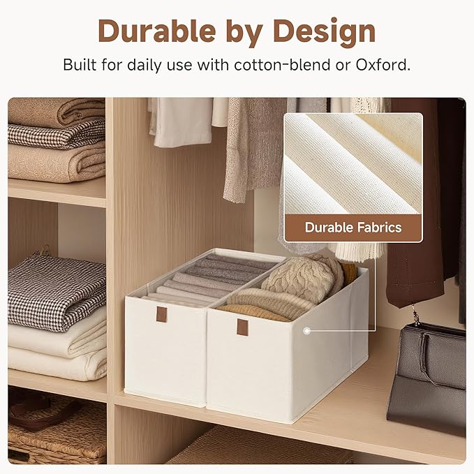 StorageWorks Narrow Storage Baskets for Shelves, Small Storage Bins, Fabric Storage Bins with PU Handle, Ideal for Clothes, Underwear, and Diapers, Beige, 2-Pack
