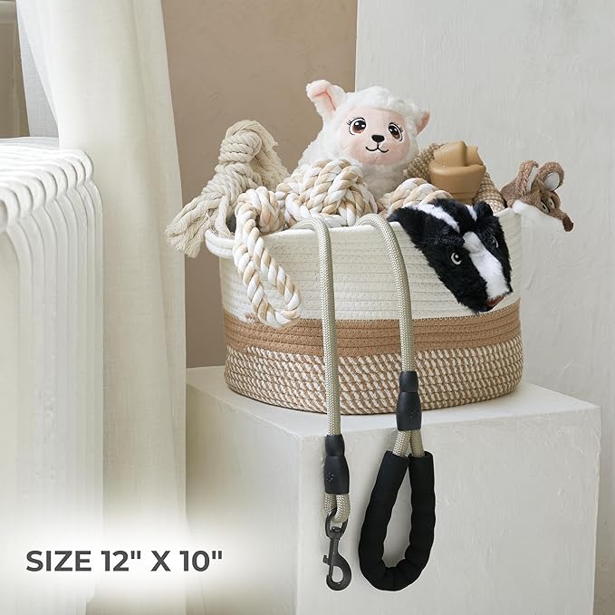 Stylish Cotton Rope Storage Basket For Dog Toys, Magazines or Books - The Perfect Woven Bin with Handles For Everyday Organization Reduces Clutter in Your Rooms - A Decorative Gift & Storage Box
