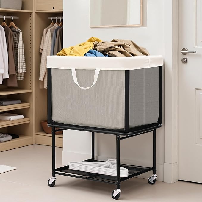 STO STO Rolling Laundry Hamper with Lockable Wheels, 29-Gallon (110L) Laundry Cart with Removable Canvas Bag, 2-Tier Clothes Basket Hamper with Shelf for Closet, Bedroom, Bathroom, Laundry Room