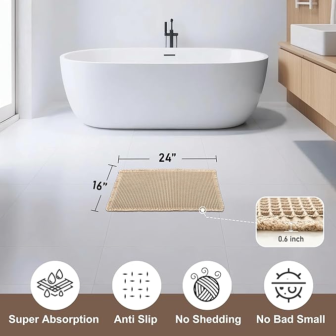 JIUZHEN Upgraded Waffle Bath Mat Super Absorbent Bathroom Mats Non Slip Bath Rugs Machine Washable Dry Fast Waffle Rugs for Bathroom Floor Ultra Soft Boho Rug for Beside Tub, 16" x 24", Brown