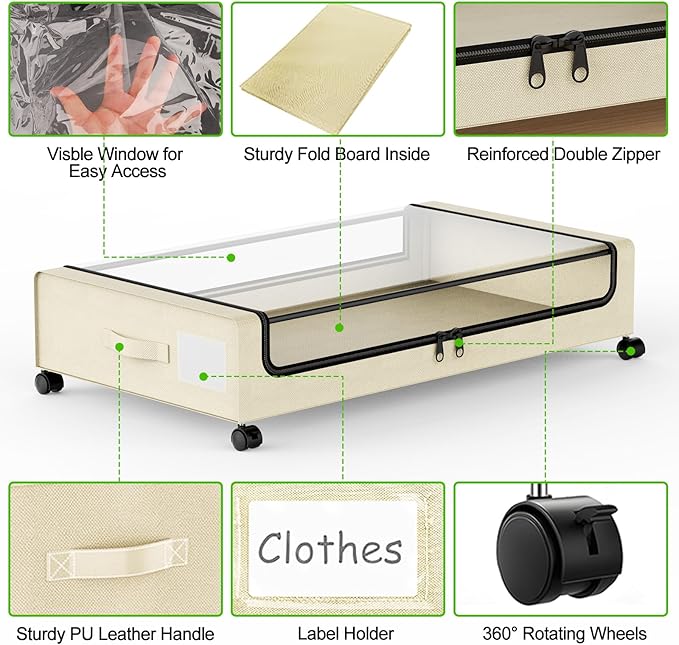 Under Bed Storage with Wheels, 2-Pack Underbed Storage Containers with Clear Lids, Under Bed Shoe Storage Organizer, Rolling Under Bed Storage for Clothes Shoes Blankets (Beige)
