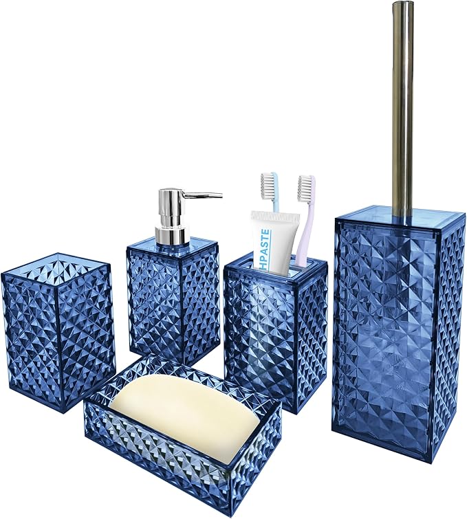 Bathroom Accessory Set, 5 PCS Blue Bathroom Accessories Sets Complete, Soap Dispenser, Toothbrush Holder, Soap Dish, Mouthwash Cup and Toilet Brush, Modern Bathroom Decor