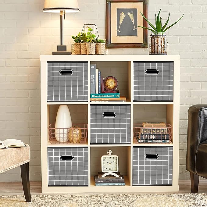 Black Foldable Storage Cubes Bins, Fabric Storage Box Cubes Organizer Baskets with Dual Handles for Home Organizer,Set of 6,(Grey grid)