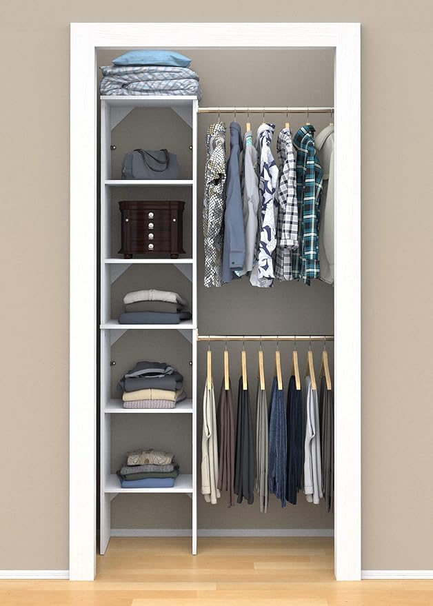 ClosetMaid SuiteSymphony Wood Closet Organizer Starter Kit with Tower and 3 Hang Rods, Shelves, Adjustable, Fits Spaces 4 – 9 ft. Wide, Pure White