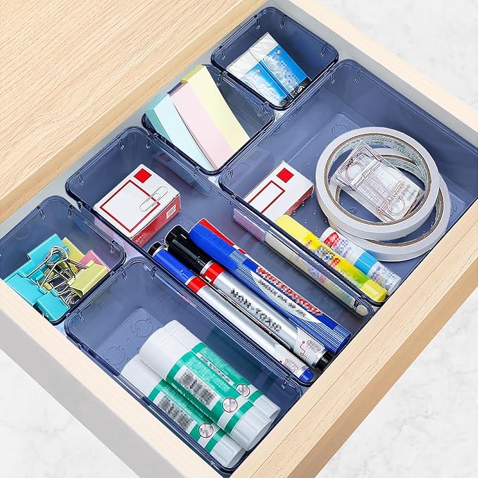 16 PCS Drawer Organizer Set, 5 Varied Size Bathroom and kitchen Drawer cabinet organizer Trays, Clear Storage Bins for Makeup, Jewelry, Utensils and Gadgets,Dark Blue