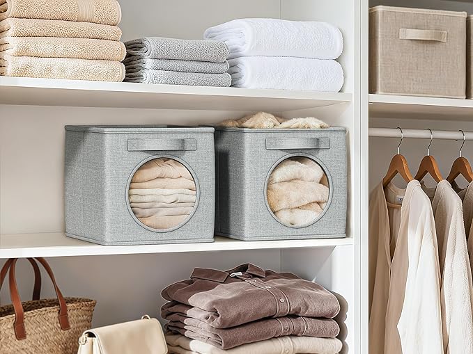 Vailando Foldable Fabric Storage Cube with Round Window - 4 Pack 13"x13"x13" Collapsible Closet Organizer Bins for Clothes, Shelves, Offices, Toys & Misc, Light Gray