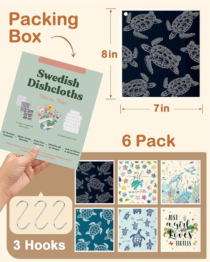Kitchen Swedish Dishcloths with Hooks - 6 Pack Reusable Dish Cloths for Washing Dishes Fast Drying Cute Fun Swedish Dish Towels Washable Cleaning Sponge, Blue Turtle