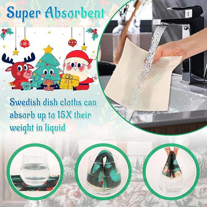Lucomb 8 Pack Christmas Swedish Dishcloths Reusable, Kitchen Sponges Soft Absorbent Dish Towels Swedish Dish Cloths Washable Decorative for Kitchen Washing Dishes Bathroom Office Hand Towel Cleaning