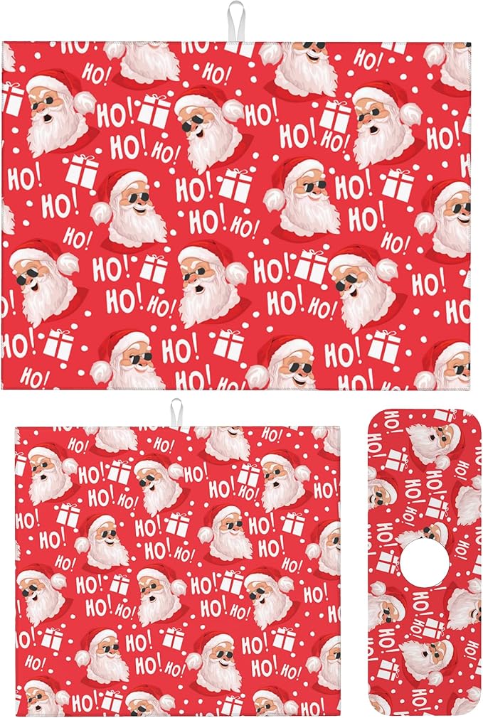 3Pcs Funny Christmas Santa Claus Face Dish Drying Mat & Kitchen Sink Splash Guard Faucet Mat For Kitchen Counter Absorbent Microfiber Dishes Pad Dish Drainer Rack Mats Fast Dry Kitchen Accessories