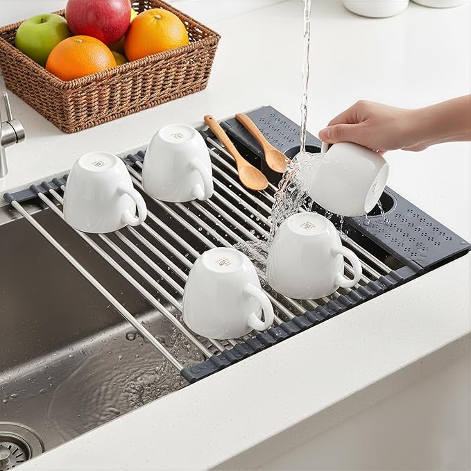 Roll Up Dish Drying Rack Over Sink, 17.5" x 15.2" Foldable SUS304 Stainless Steel Kitchen Dish Drainer, Heat-Resistant Multipurpose Rolling Sink Rack Organizer,Grey